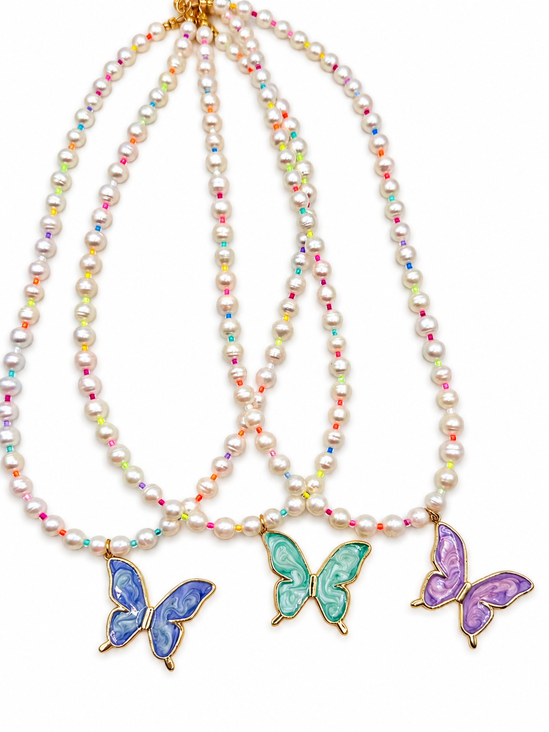 The Flutter - Freshwater Pearl & Glass Butterfly Necklace