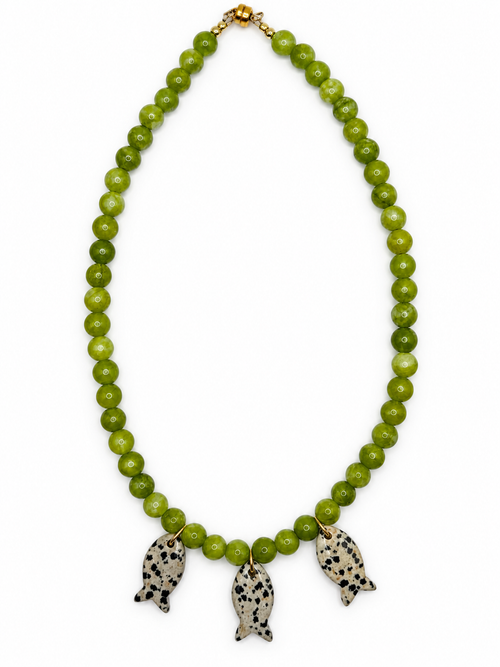 Dalmatian Jasper Green Jade hand beaded necklace