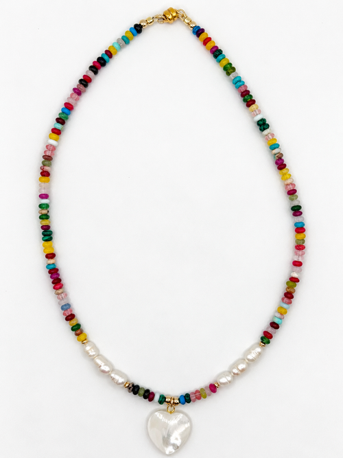 Dainty & Darling - Mixed Rondelle, Freshwater Pearl & Mother-of-Pearl Heart Necklace